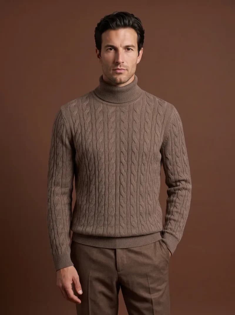 Taupe cable-knit rollneck sweater