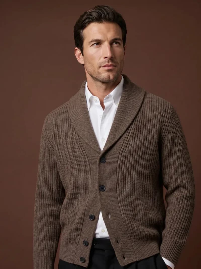 Brown shawl-collar cardigan worn over a white shirt