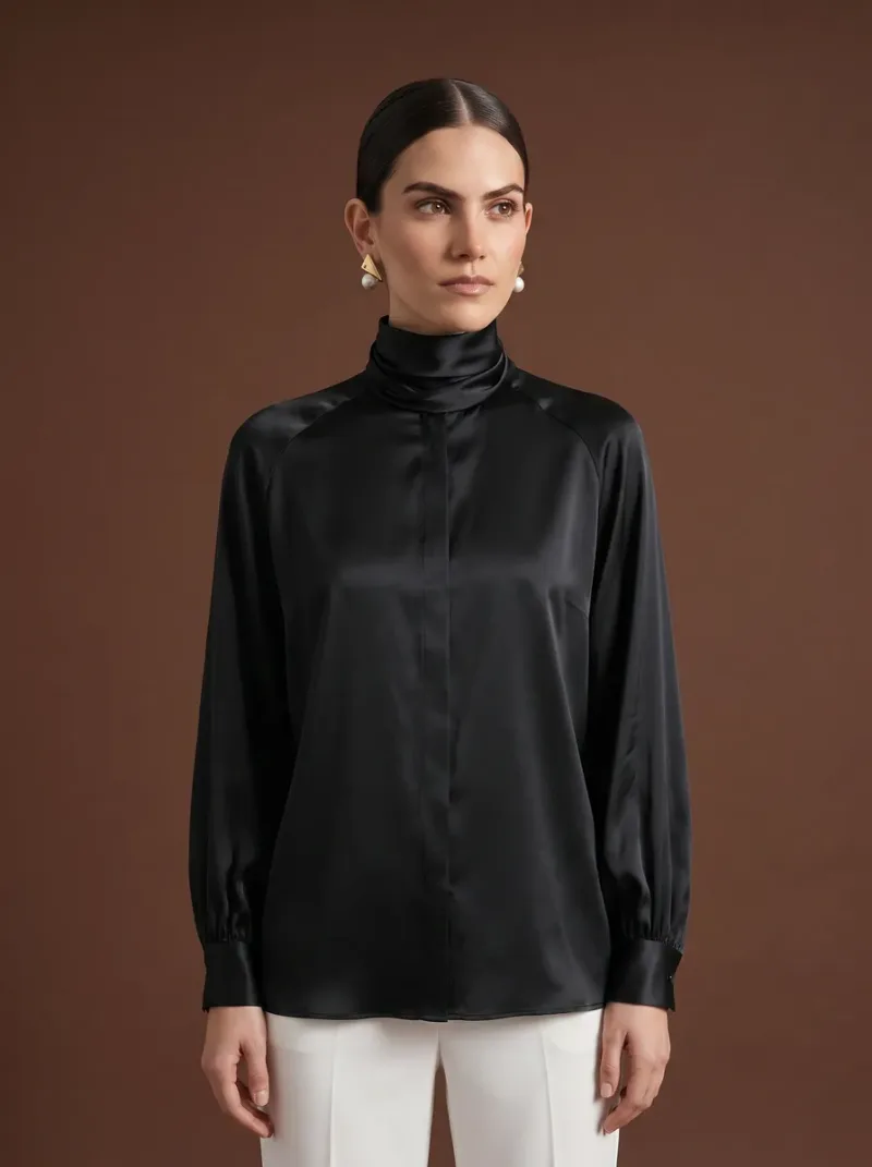 Fluid black blouse with a draped high neckline