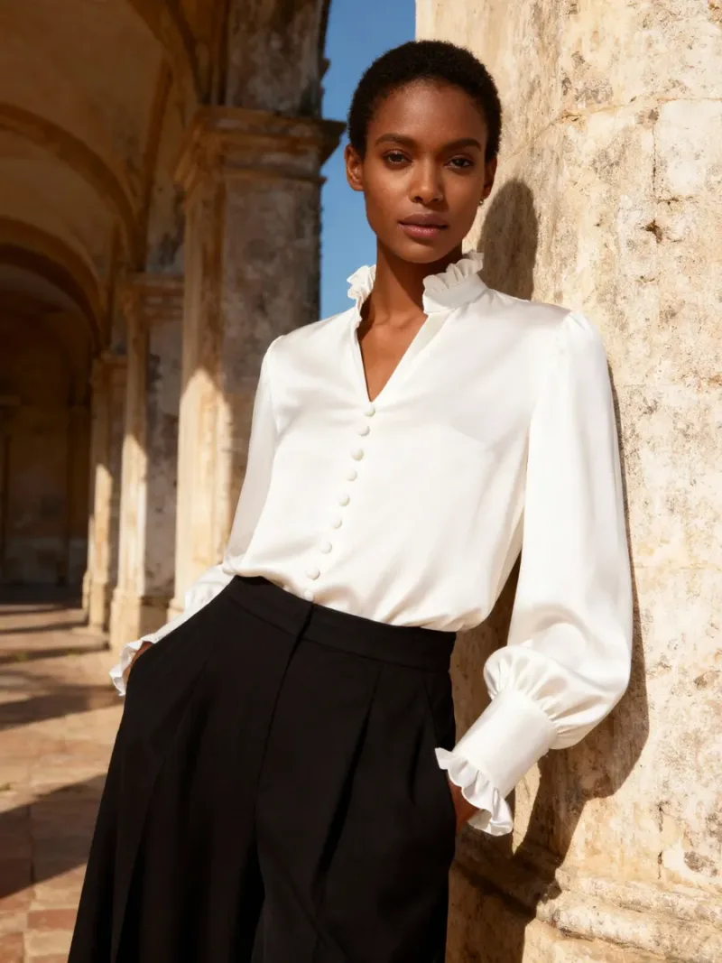 Ivory blouse with a ruffled collar and cuffs, worn beside a sunlit stone wall