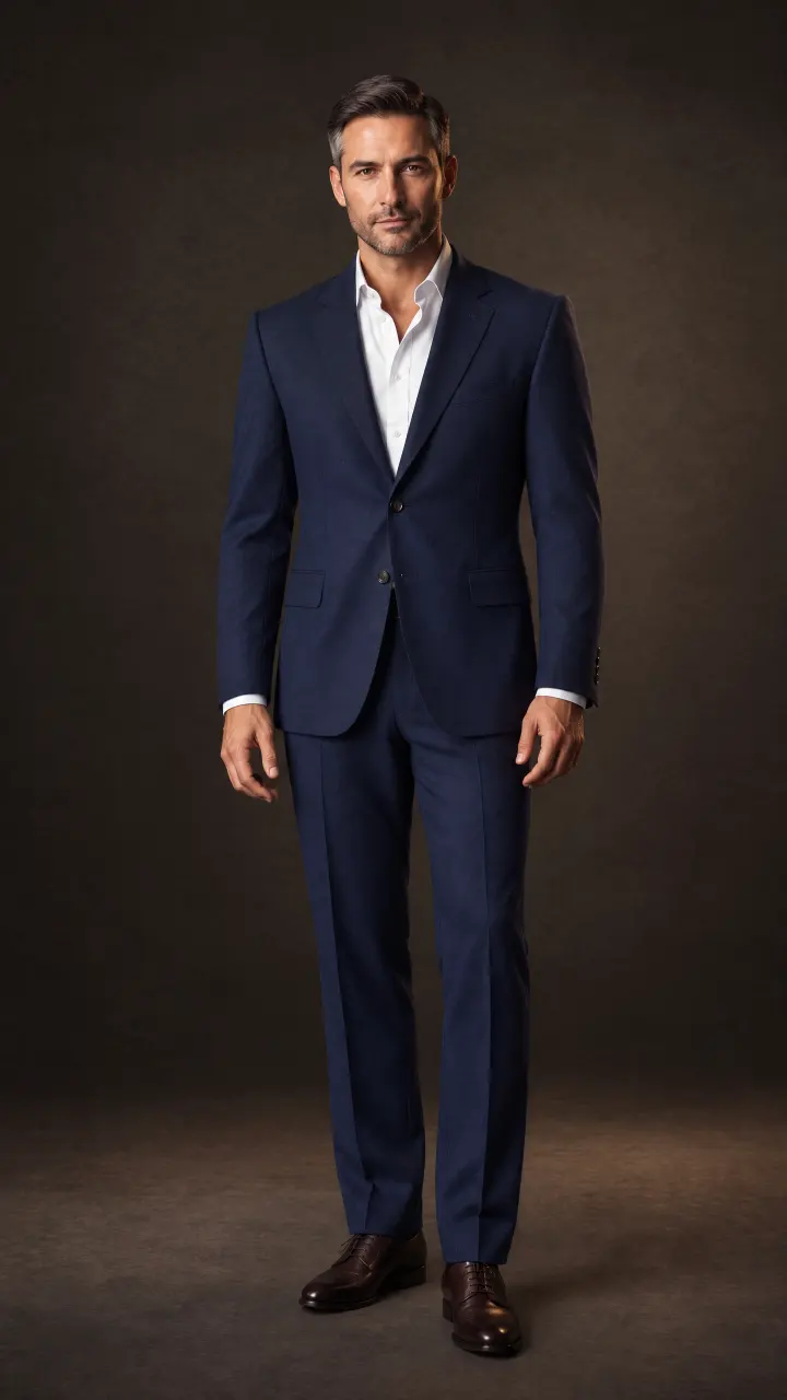 A man in a classic navy bespoke suit, white open-neck shirt and brown Oxford shoes in a softly lit studio