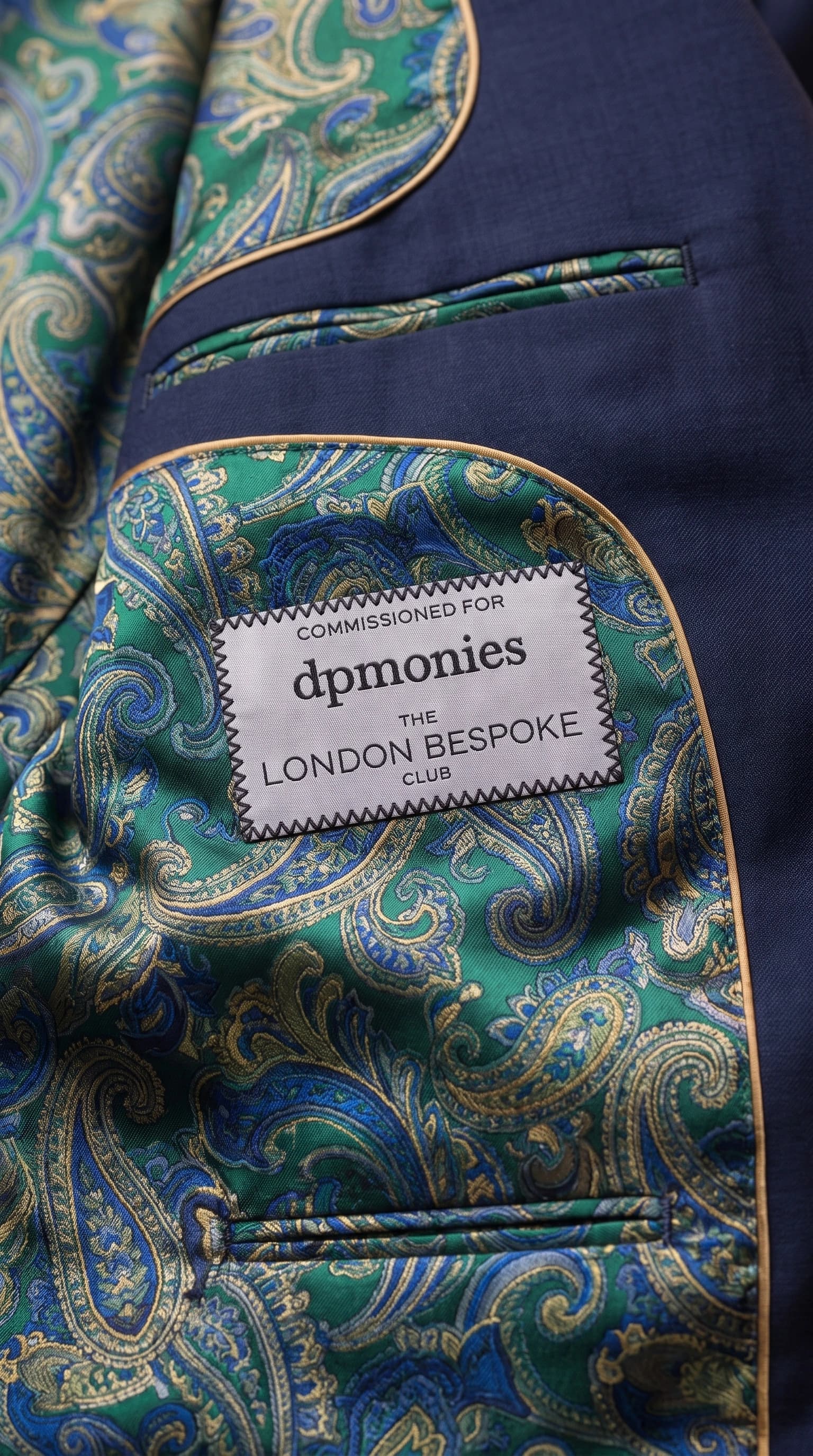 Close view of emerald, gold and cobalt paisley lining with the commissioned London Bespoke Club woven label