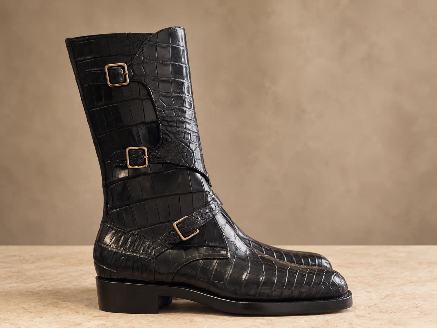 Tall black crocodile-leather boots with three buckle straps.
