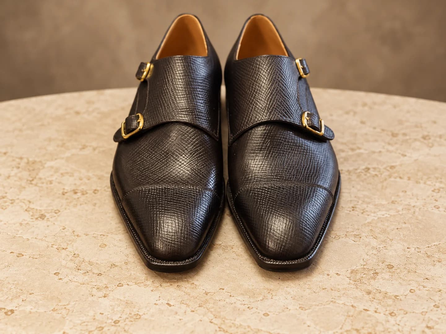 Dark textured leather double-monk shoes with gold-tone buckles.