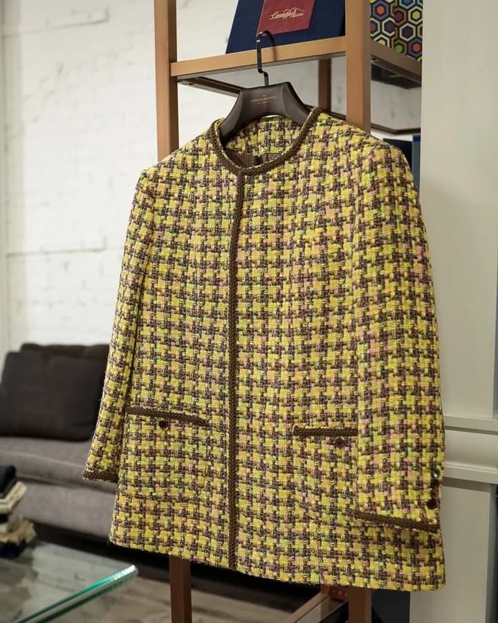 Yellow and dark checked Holland & Sherry bouclé jacket with handwoven silk trim